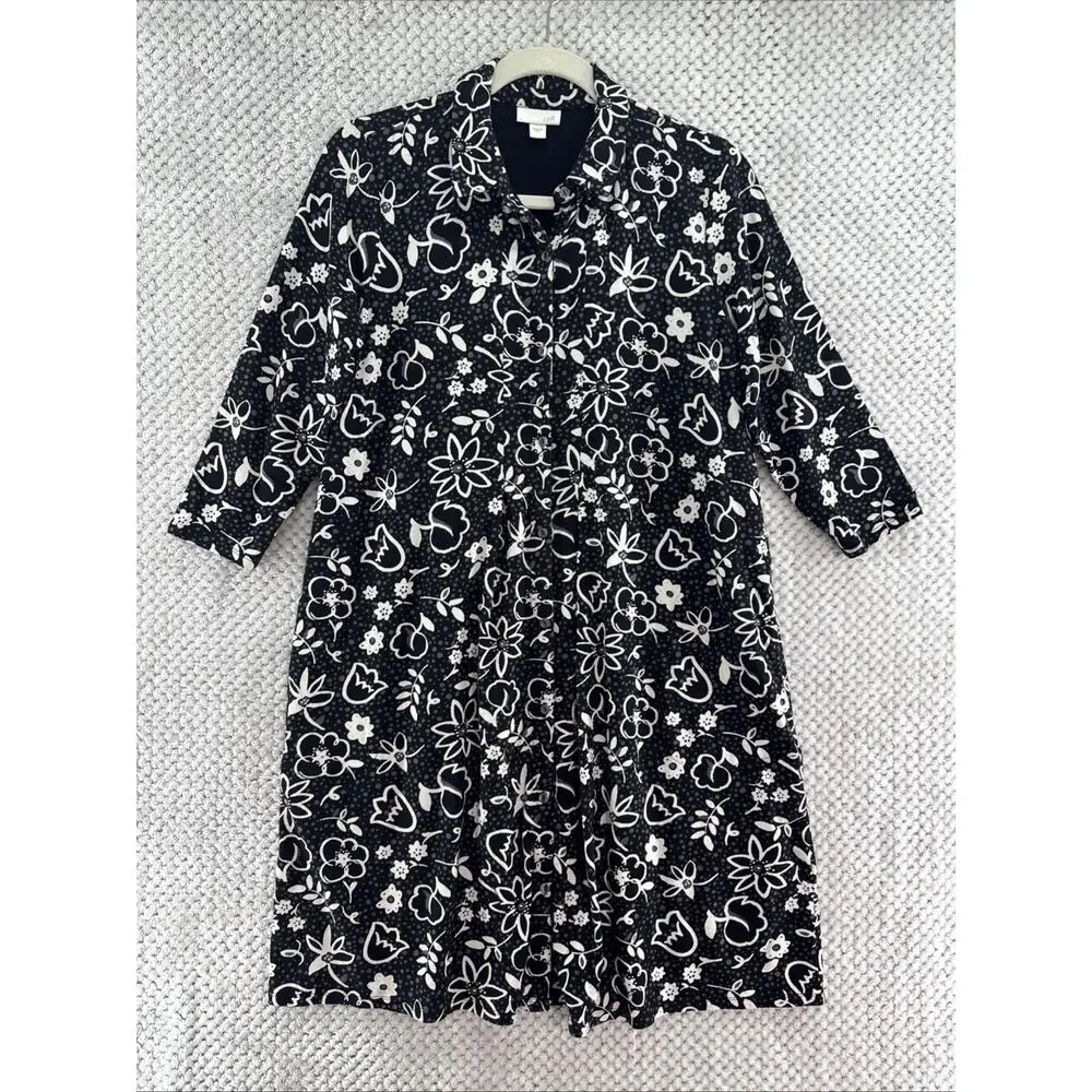 J Jill Button Front Shirt Dress Women S Black White Floral Jersey Stretch Pocket